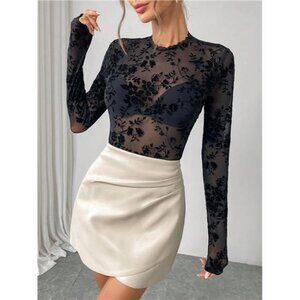 Women's Elegant Sexy Party Knit Stretch Lace Mock Neck Long Sleeve Fitted Top